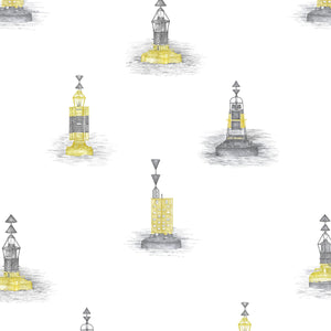 Cardinal wallpaper by XV Interiors in yellow, full repeat of lighthouses and buoys