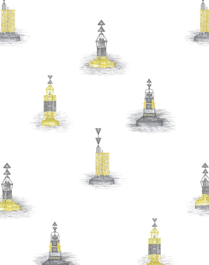 Cardinal wallpaper by XV Interiors in yellow, full repeat of lighthouses and buoys