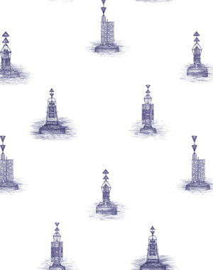 Cardinal wallpaper by XV Interiors in blue, full repeat of lighthouses and buoys