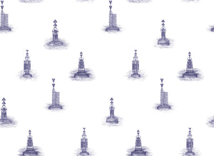 Cardinal wallpaper by XV Interiors in blue, pattern sample of lighthouses and buoys