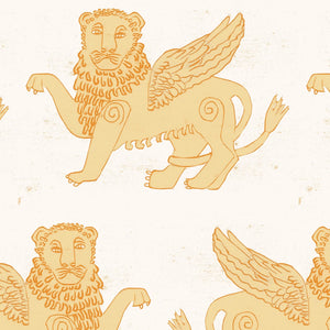 Winged Lion wallpaper by Annika Reed in mustard, close-up of winged lions