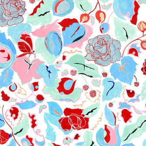 A Fresh Birth linen by Claire de Quénetain in blue, full repeat of a hand-painted floral design