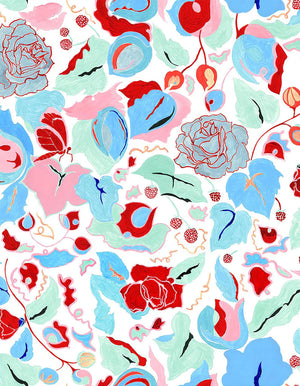 A Fresh Birth linen by Claire de Quénetain in blue, full repeat of a hand-painted floral design