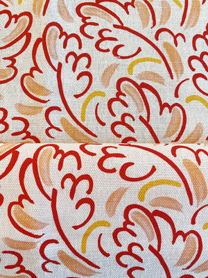 A Light Wind linen by Claire de Quénetain in red, flat sample of a hand-painted floral design
