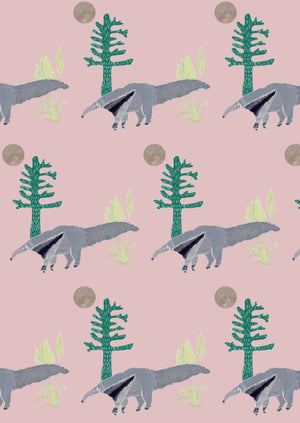 The Anteater wallpaper by Annika Reed in pink, full repeat of anteaters and trees
