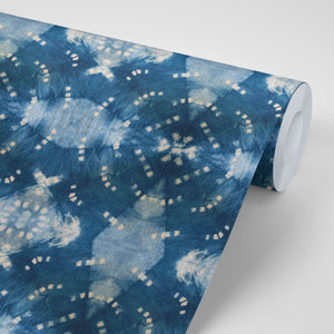 Indigo Itajime wallpaper by Tatie Lou in blue, sample roll showing itajime shibori folds