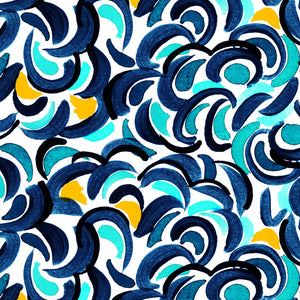 Abondance linen by Claire de Quénetain in blue, flat sample of a hand-painted floral design