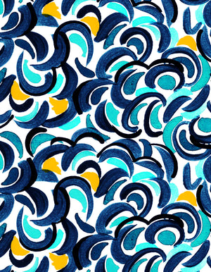 Abondance linen by Claire de Quénetain in blue, flat sample of a hand-painted floral design