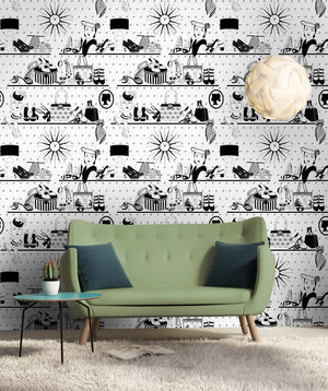 Accessorize wallpaper by Dupenny in black and white, shelves of accessories in a living room
