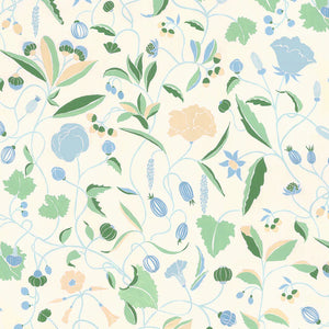 Adrienne wallpaper by Claire de Quénetain in blue, flat sample of a hand-painted floral design