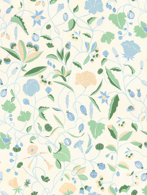 Adrienne wallpaper by Claire de Quénetain in blue, flat sample of a hand-painted floral design