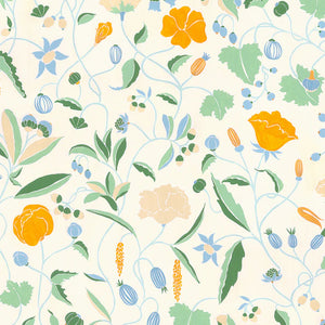 Adrienne wallpaper by Claire de Quénetain in orange, full repeat of a hand-painted floral design