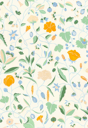 Adrienne wallpaper by Claire de Quénetain in orange, full repeat of a hand-painted floral design