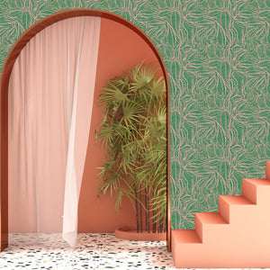 Agnes wallpaper by Tatie Lou in green and pink, swirling wave lines in a hallway