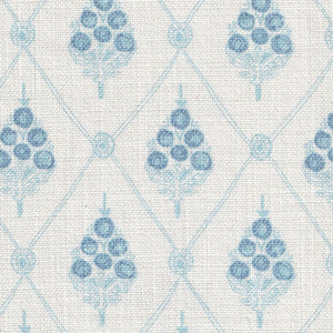 Agra linen by Annika Reed in blue, full repeat of block-print flowers in a trellis
