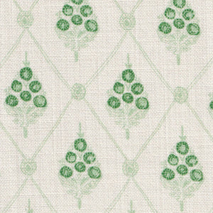 Agra linen by Annika Reed in green, pattern sample of block-print flowers in a trellis
