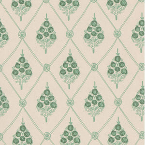Agra wallpaper by Annika Reed in green, pattern sample of block-print flowers in a trellis