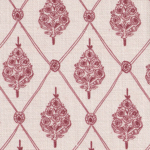 Agra linen by Annika Reed in pink, full repeat of block-print flowers in a trellis