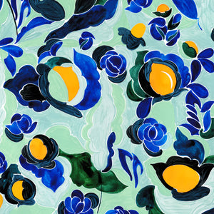 Amalia linen by Claire de Quénetain in green, full repeat of a hand-painted floral design