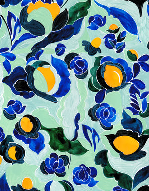 Amalia linen by Claire de Quénetain in green, full repeat of a hand-painted floral design