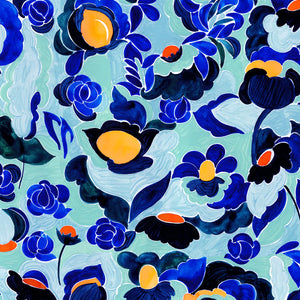 Amalia linen by Claire de Quénetain in blue, flat sample of a hand-painted floral design
