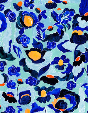 Amalia linen by Claire de Quénetain in blue, flat sample of a hand-painted floral design