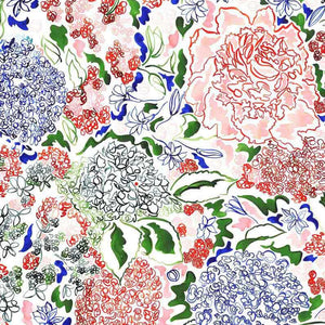 Annabelle linen by Claire de Quénetain in pink, full repeat of a hand-painted floral design
