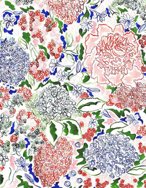 Annabelle linen by Claire de Quénetain in pink, full repeat of a hand-painted floral design
