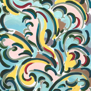 Andreas linen by Claire de Quénetain in green and yellow, full repeat of a hand-painted floral design