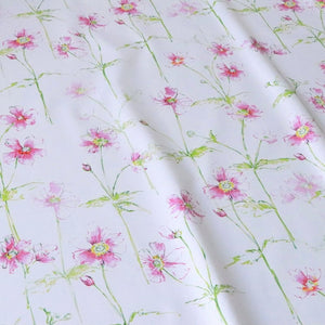 Anemone in Bloom linen by Seed Home Designs in pink and green, full repeat of watercolour anemone flowers