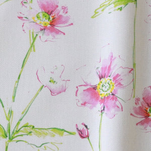 Anemone in Bloom linen by Seed Home Designs in pink and green, pattern sample of watercolour anemone flowers