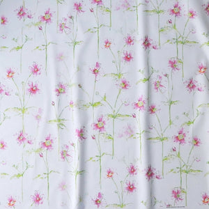 Anemone in Bloom linen by Seed Home Designs in pink and green, flat sample of watercolour anemone flowers