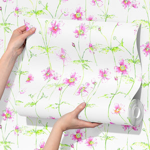 Anemone in Bloom wallpaper by Seed Home Designs in pink and green, roll showing watercolour anemone flowers