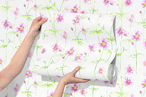 Anemone in Bloom wallpaper by Seed Home Designs in pink and green, roll showing watercolour anemone flowers