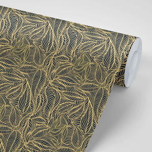 Agnes wallpaper by Tatie Lou in black and gold, roll showing swirling wave lines