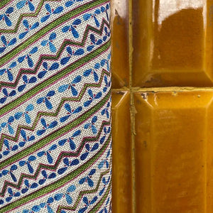 Aperitivo linen by Bethie Tricks in blue and purple, close-up of fine block-print stripes