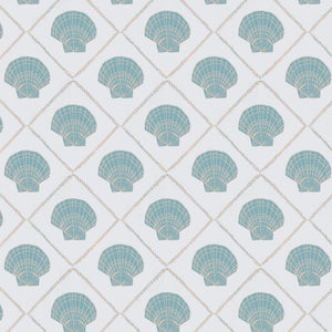 Aphrodite wallpaper by Annika Reed in blue, full repeat of scallop shells