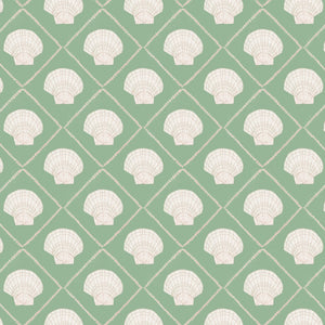 Aphrodite wallpaper by Annika Reed in green, flat sample of scallop shells