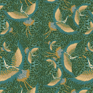Pachamama velvet by Tatie Lou in green, full repeat of flying cranes