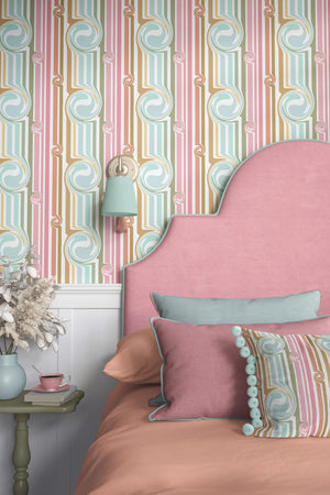 Popsicle wallpaper by Liberty James Studio in pink and blue, roll showing wavy popsicle stripes