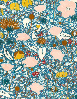 Augusta linen by Claire de Quénetain in brown, flat sample of a hand-painted floral design