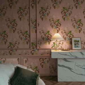 Aviary Isle wallpaper by Deus ex Gardenia in pink, birds among island flowers in a living room