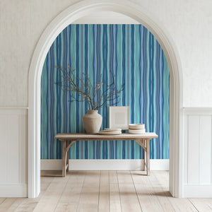 Bel Harbour wallpaper by Liberty James Studio in blue, varied stripes in a styled room setting