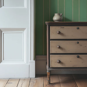 Balancing Act wallpaper by Annika Reed in green, hand-painted stripes in a hallway