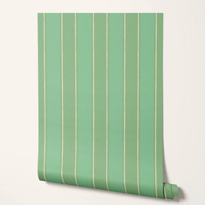 Balancing Act wallpaper by Annika Reed in green, roll showing hand-painted stripes