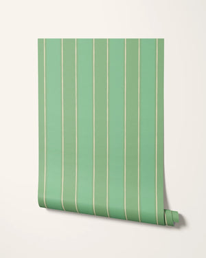 Balancing Act wallpaper by Annika Reed in green, roll showing hand-painted stripes