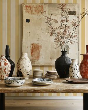 Balancing Act wallpaper by Annika Reed in cream, hand-painted stripes behind a console table