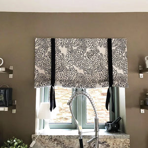 Bark linen by Bethie Tricks in black and white, organic bark shapes as a roman blind