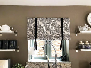 Bark linen by Bethie Tricks in black and white, organic bark shapes as a roman blind