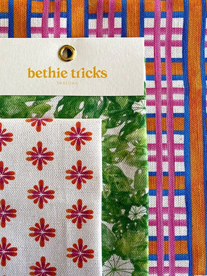 Beach Blanket linen by Bethie Tricks in pink and orange, sample swatch set showing a bold check